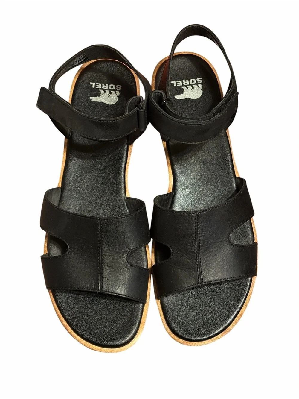 Sorel Black Leather Open-Toe Sandals with Tan Footbed - Picture 7 of 7